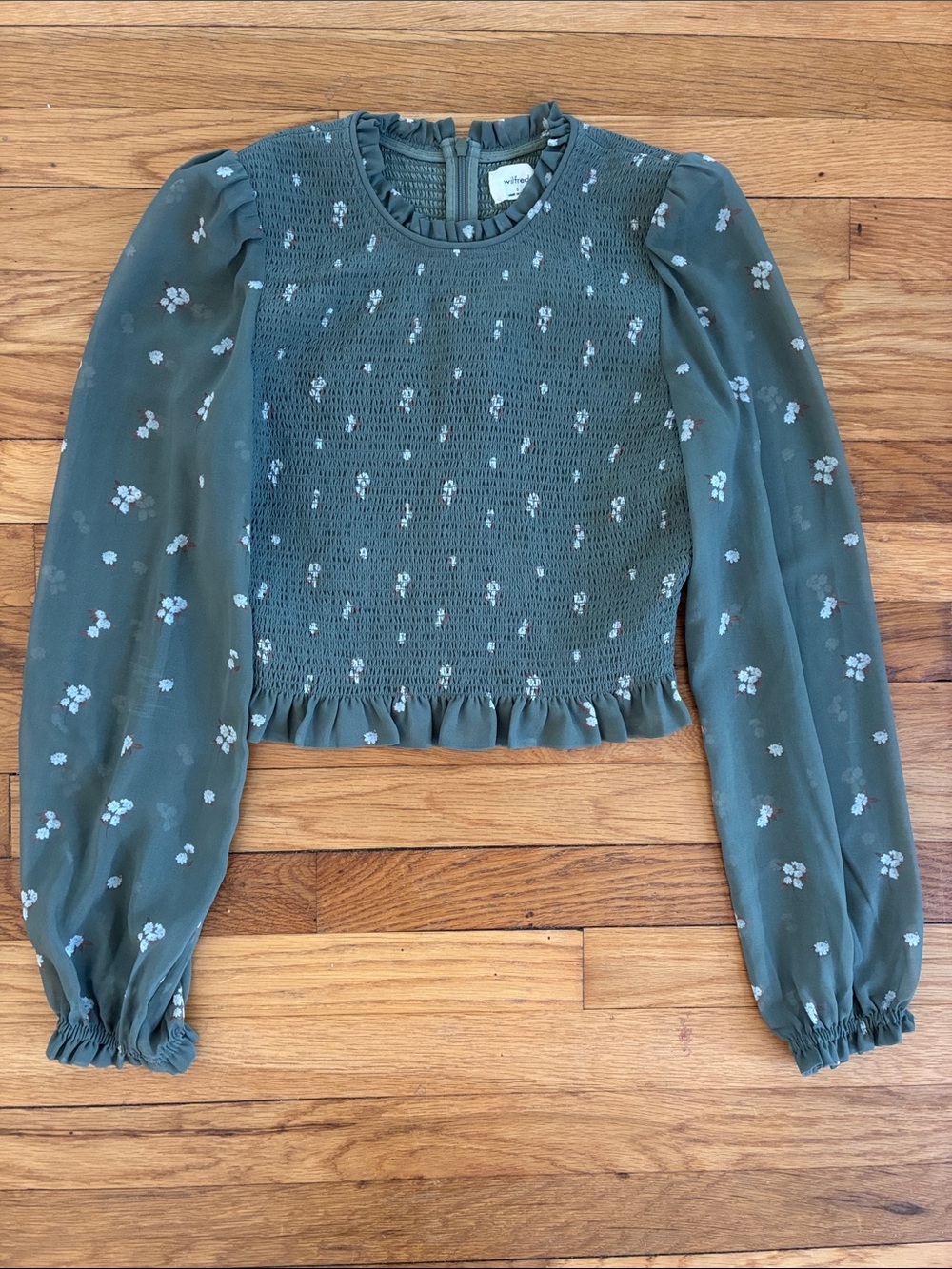 Wilfred Tempest Blouse Small Bitter Sage Floral Puff Sleeve Smocked Chiffon